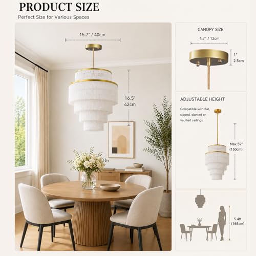 5-Tiered Boho Chandelier with Metal and White Fringe,3 Lights Fringe Pendant Light Fixture,Tassle Chandelier for entryway,Dining Room,Baby Nursery,Gold and White - color: White-Pendant