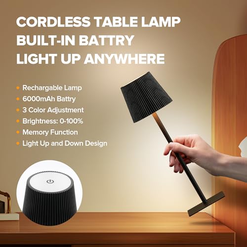 LUTEC 4 Pack Cordless Table Lamp,6000mAh Rechargeable Battery Operated Desk Lamp,Two Adjustable Heights,Waterproof, Touch Control & 3 Color Stepless Dimming for Restaurant/Bedroom/Bars/Outdoor (Black) - color: Black