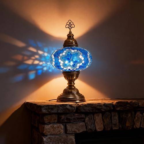 Turkish Mosaic Table Lamp with Bulb – Handmade Turquoise Blue Stained Glass Bedside Light, Authentic Vintage Boho Decor with E12 Socket & US Plug - color: Turquoise Blue