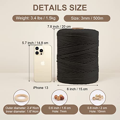 Macrame Cotton Cord 3mm x 547yds, ZUEXT Natural Handmade Black Braided Cords 4 Strands Knitted Rope String for Craft Wall Hanging Weaving Tapestry Dream Catchers Hanger DIY Gift (500m) - color: Black, style: 3mm x 500m