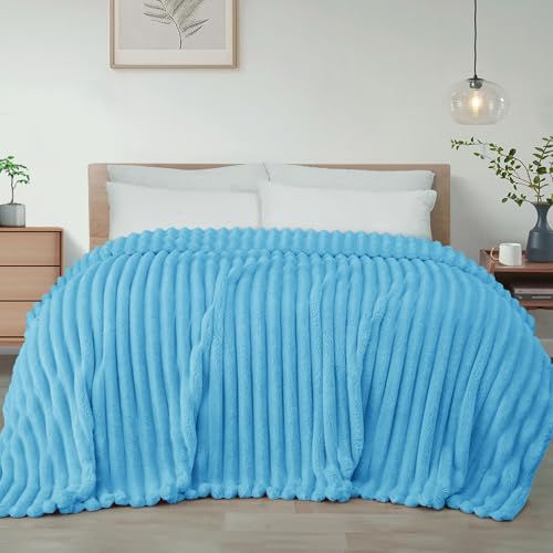 Exclusivo Mezcla King Size Flannel Fleece Blanket, Super Soft Striped Jacquard Bed Blanket, Lightweight Fuzzy Cozy for All Seasons, 90x104 Inches, Blue - color: Blue, size: King ( 90x104 IN )