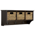 SAFAVIEH Home Collection - Finley Dark Chocolate Brown Wall Mounted 3-Basket Storage Rack with Hooks & Seagrass Baskets (HAC5700D) - color: Dark Chocolate