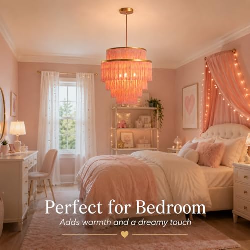 5-Tiered Boho Chandelier with Metal and Fringe,3 Lights Fringe Pendant Light Fixture,Tassle Chandelier for entryway,Dining Room,Baby Nursery - color: Pale blush/Coral-Pendant