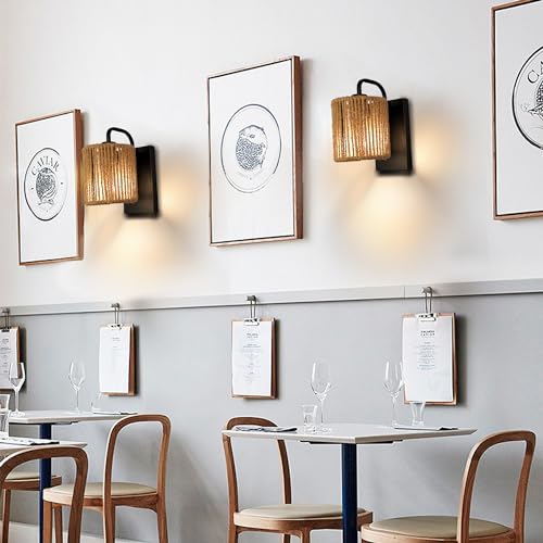 Boho Wall Sconce, Rattan Wall Light Fixtures with Hemp Rope Sconces for Living Room Bathroom Hallway Rustic Bohemian Modern Woven Scocne E26 10inch - color: Woven Rattan Style