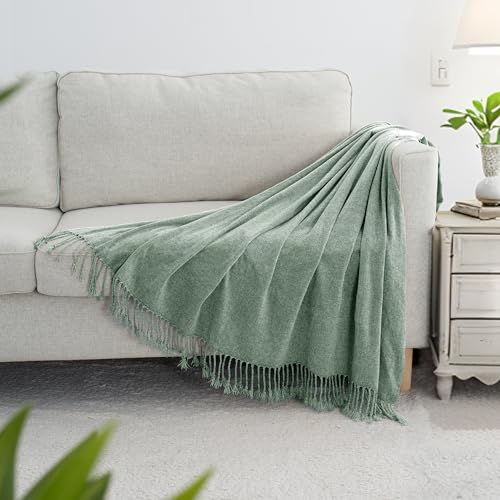 Chenille Throw Blanket for Couch with Tassels,50"X60" Soft Lightweight Knitted Boho Decorative Blankets for Bed and Sofa,Sage Green - color: Sage Green, size: 50"x60"