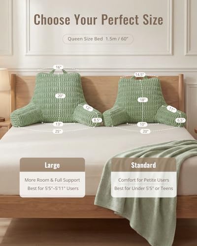 Blissful Diary Reading Pillow, Large Backrest Pillow with Shredded Memory Foam for Adult & Children, Designed for Bed and Couch Sitting Up, Includes Arms, Pockets and Washable Cover, Sage Green - color: Textured Sage Green, size: Large(20inch)