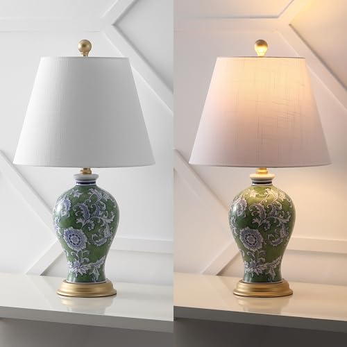 JONATHAN Y 24" Green/White French Country Ceramic Floral Urn Table Lamp, White Linen Shade, Chinoiserie Ginger Jar Bedside Lamp for Living Room Bedroom, LED Bulb (JYL3009F) - color: Green/White
