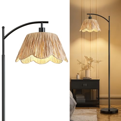Oneach Arc Floor Lamp for Living Room,Rattan Boho Floor Lamp with Hand-Woven Shade, Foot Switch,Black Metal Base & Pole,Farmhouse Standing Lamp for Bedroom Corner,Reading - color: Black