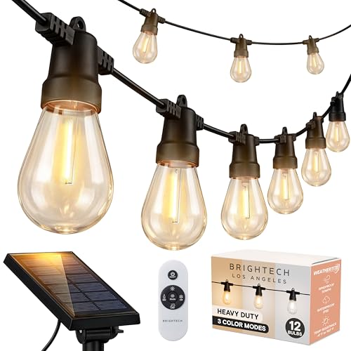 Brightech Ambience Pro 27-Ft Solar String Lights for Outside - Super Bright Remote Control Color Adjustable Outdoor String Light - Commercial Grade String, Waterproof LED for Patios, Camping, 12 Bulbs - color: Super Bright +, size: 27 Feet