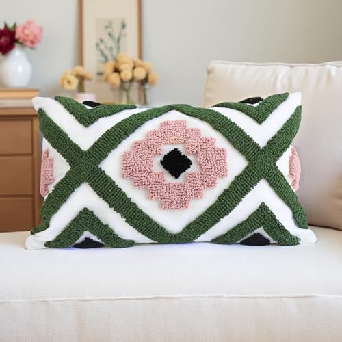 Boho Accent Lumbar Pillow Covers 12x20 - Tufted Abstract Modern Throw Pillow Covers, Farmhouse Decorative Pillowcase for Couch, Sofa, Bed, Living Room -Green Pink Black Geometric - color: Green Geometric
