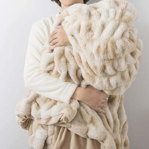 WDCOZY Ruched Faux Fur Throw Blanket Soft Cozy Fluffy Luxurious Blankets Couch Bed Sofa Chair Home Decor Warm Furry Fall Winter Plush Rabbit Fur Bubble Blanket 50" x 60", Caramel Beige Camel Neutral - color: Caramel, size: Throw (50" x 60")