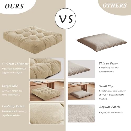 Meditation Floor Pillow 22×22 Inch 2 Pack Large Floor Cushions for Adults Square Tufted Corduroy Floor Pillows for Yoga Living Tatami Room Beige - color: Beige
