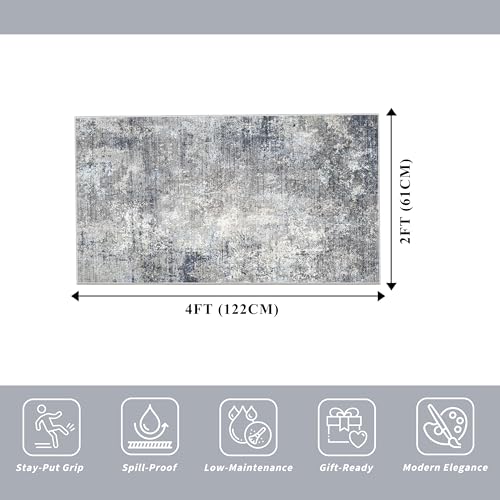 2x4 Runner Rug Washable Non-Slip – Small Throw Rug for Kitchen Floor, Bedroom, Entryway, Bathroom, Bedside – Modern Abstract Neutral Low-Pile Thin Indoor Door Mat（Blue Grey,2x4） - color: Blue Gray, size: 2' x 4' (Rectangular)