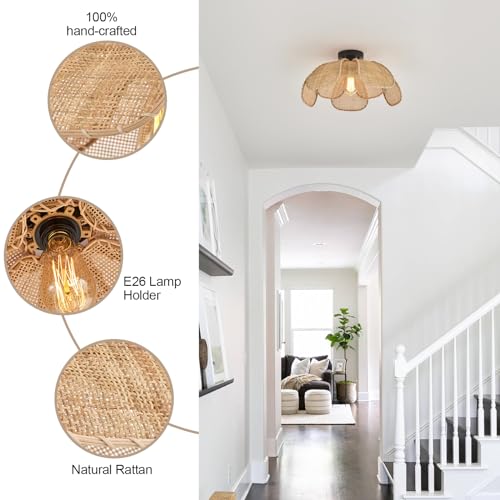 22" Natural Rattan Flush Mount Ceiling Light Fixture， Hemp Rope Wicker Hand-Woven Boho Chandelier with Flower Lampshade for Porch Patio Hallway Bedroom Living Room Kitchen Island