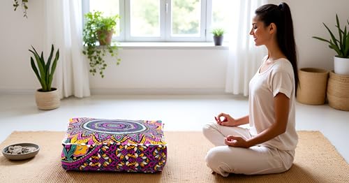 INDIAN CRAFT CASTLE Floor Pillows & Cushion Covers Decorative Hippie Mandala Pouf Pillow Covers Seating Meditation Cushion Cover Large Boho Ottoman Case Pillowcase Couch New Pink, 16" Square - color: New Pink, size: 16"D x 16"W x 5"H