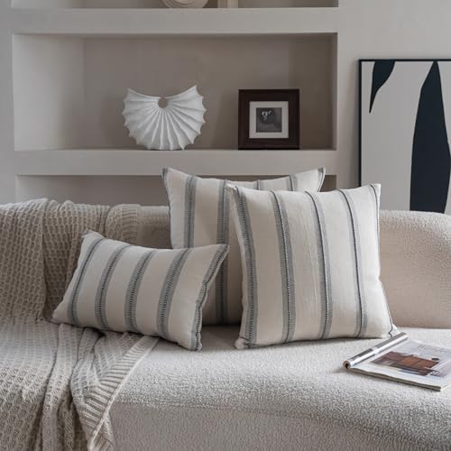 Cethom Boho Throw Pillow Covers 12x20 Set of 2, Grey Striped Decorative Pillow Cases for Couch Chair Bed, Textured Farmhouse Modern Accent Cushion Covers for Living Room Bedroom Sofa Home Decor - color: Grey, size: 20" x 12" (Pack of 2)