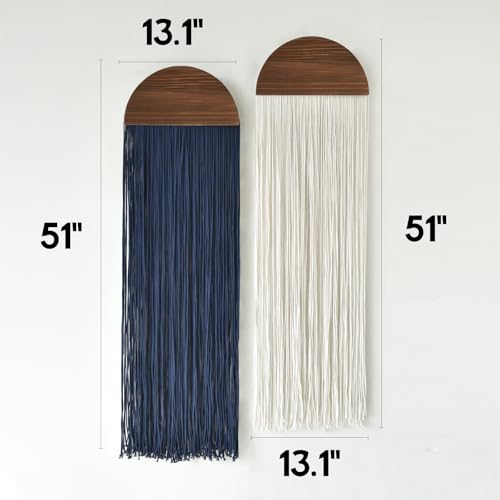 2 Pcs Macrame Wall Hanging Fiber Wall Art Boho Fringe Wall Decor Handmade Modern Textile Tapestry for Living Room Bedroom Apartment Scandinavian Home Decor 13.7" W x 51" L - color: Blue and Ivory