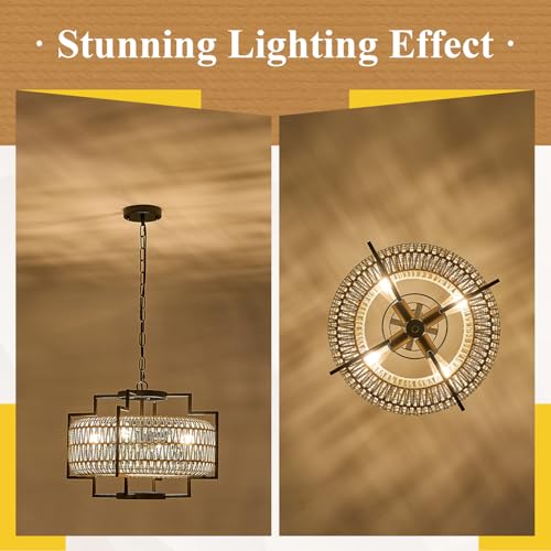 20" Boho Woven Chandeliers 4-Light Hand Rattan Ceiling Pendant Light Fixture Farmhouse Hanging Lighting for Kitchen,Bedroom, Dining Room, Hallway, Entryway, E26 - size: Lantern-20''-V