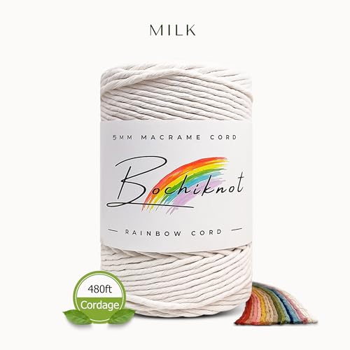 BOCHIKNOT Single Strand Macrame Cord 5mm x 160yds (150m) – Soft Cotton Macrame Rope for Beginners, Easy to Knot for Wall Hangings, Plant Hangers, Fringe and DIY Crafts (Milk) - color: Milk, size: (5mm x 146m) - Single Strand Twist
