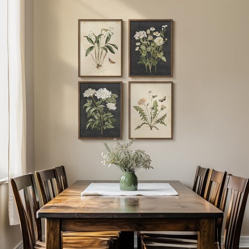 Framed Vintage Botanical Wall Art Bedroom, 4 Piece Rustic Farmhouse Floral Canvas Prints Artwork, Neutral Flower Butterfly Pictures for Modern Farmhouse Living Room Kitchen Bathroom Wall Decor, 11x14 - color: Vintage - Walnut Framed, size: 11" W x 14" H x