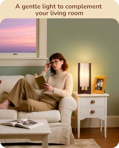 EDISHINE Wood Table Lamp, 13.5" Small Bedside Lamp, Beige Linen Shade, Rosewood Cylinder Nightstand Lamp for Bedroom Living Room, On-Off Line Switch, E26 Base (Bulb Not Included) - color: Dark Walnut Color