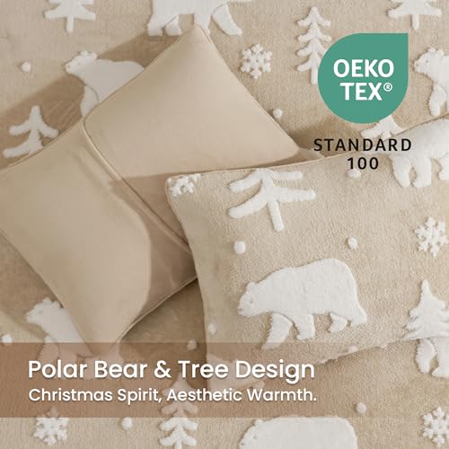 Amélie Home Christmas Comforter Set Queen, Fluffy Christmas Bedding Set with Polar Bear, Beige Fleece Plush Comforter, 3 Pieces, 1 Soft Comforter and 2 Pillowcases - color: Christmas Polar Bear Beige, size: Queen (90"x90")