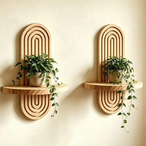2 Pcs Wood Boho Arched Wall Shelf for Mini Plants & Decor (13.4" X 8.6") | Max 11 lbs Load, Moisture-proof, Space-saving. For Living Room, Entryway, Bedroom, Bathroom to Hold Succulent & Small Objects - size: 13.4" X 8.6"