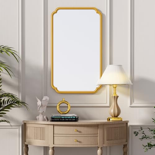 Ferytange 26"x40" Rustproof Bathroom Mirror Gold, Round Corner Metal Frame Wall Mirror, Horizontal/Vertical Hanging Over Sink, Bedroom Bathroom Decor - color: Gold, size: 40"L x 26"W