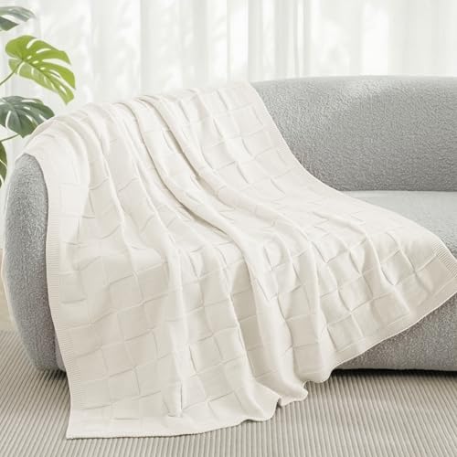 Whale Flotilla Checkered Knit Throw Blanket for Couch, Soft Decorative Knitted Blankets for Sofa Bed, Lightweight Cozy Throws for Spring Summer, 50x60 Inch, Ivory - color: White, size: 50x60 Inch