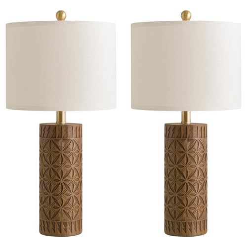 BOBOMOMO 24.25" Modern Farmhouse Table Lamps Set of 2, Geometric Wood Grain Resin Bedside Lamps for Nightstand, Rustic Lamps for Living Room, Bedroom, Entryway, Home Decor, Linen Shade - size: 24.25"