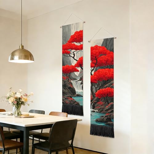 seewan 2 Pack Long Vertical Wall Tapestry, Boho Nature Landscape & Floral Aesthetic Wall Hanging for Bedroom Living Room Home Decor, Long Narrow Art Tapestry with Sunrise Mountain Botanical Designs, 13" × 51" (Scarlet Maple Scene, 13"Wx51"H, Unframed) - c