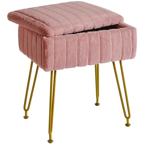 IBUYKE Stool Chair with Storage Space, Footrest Footstool Ottoman, Small Side Table, with 4 Metal Legs, with Anti-Slip Feet, for Makeup Room, Bedroom, Faux Fur, Pink LG-50P - color: Pink, size: 15.8"D x 11.8"W x 18.9"H