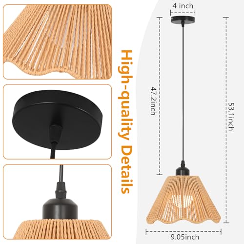 Boho Battery Operated Pendant Lights,Rechargeable Pendant Light with Remote,Rattan Pendant Light Fixtures for Kitchen Island,Boho Hanging Lights for Dining Room Bedroom Hallway Entryway(2 Pack) - size: 9.05 in