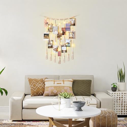 Mkono Macrame Hanging Photo Display Wall Decor with String Lights Boho Room Bedroom Wooden Beads Garland Picture Greeting Cards Holder with 30 Clips - color: Beige, size: Medium