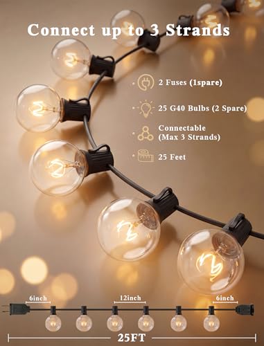 Abeja 25Ft Outdoor Patio String Lights, G40 Outdoor Globe String Lights with 27 Clear Bulbs, Hanging Light for Porch Backyard Deck Bars Wedding Indoor Decor, E12 Base, 5W Black Wire - color: 25FT Amber White-Black, size: 25FT