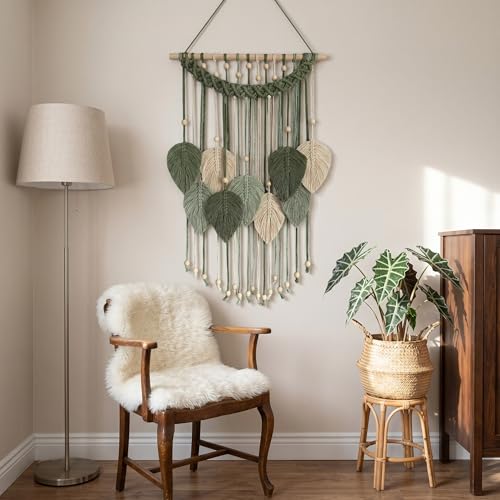 SunsprieJoy Macrame Wall Hanging, Boho Wall Decor Handmade Yarn Woven Leaf Tapestry, Modern Wall Art for Bedroom Nursery Kitchen Dining Room Bathroom, Home Decoration Gift for Women – Green - style: Layered Leaf