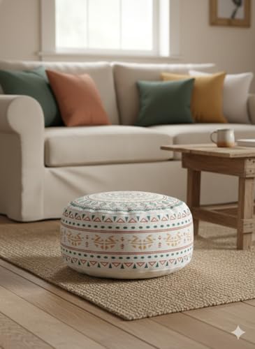 MOCOFO Unstuffed Boho Pouf Cover Round Ottoman Foot Rest 18x8'', Mandala Floor Cushion Case Cotton Blend Tribal Footstool for Living Room Bedroom Home Decor, Cover Only (Sage & Saffron Kilim) - color: Sage & Saffron Kilim