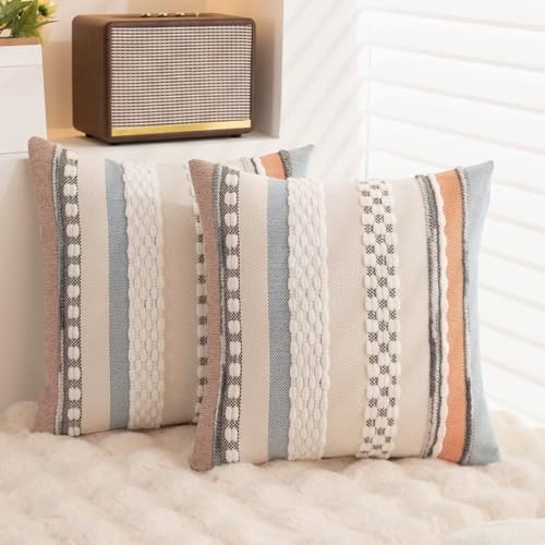 Boho Throw Pillow Covers 18x18 Set of 2 Farmhouse Decorative Cushion Case Striped Square Pillows Cover Chenille Pillow Cases Accent Neutral Pillowcase for Sofa Couch Bed,Orange-Blue - color: Orange-blue Stripe