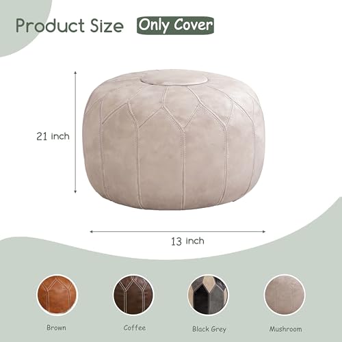 Thgonwid Round Unstuffed Pouf Cover, Faux Leather Storage Ottoman, Boho Moroccan Foot Stool, Multi-Purpose Home Decor for Living Room, Bedroom and Balcony, Mushroom Color, No Filling Included - color: Mushroom（no Stuffing）