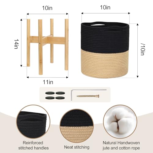 Plant Basket with Stand, Indoor Round Wicker Basket Plant with Bamboo Wood Stand, Decorative Black Woven Cotton Rope Flower Indoor Planter with Legs, Boho Bamboo Wood Planter Holder - color: Black and Jute
