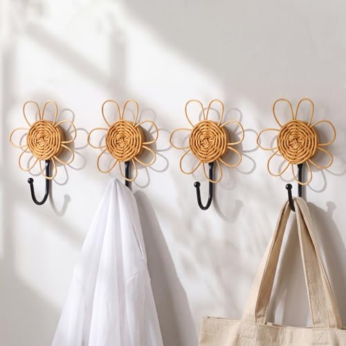 Colingmill 4 Pcs Boho Rattan Wall Towel Hooks Decorative Woven Hanging Holder Farmhouse Coat Rack Hooks Wood Coat Rack Wall Mount Vintage Decorative Hook for Hanging Coats (Flower) - style: Flower