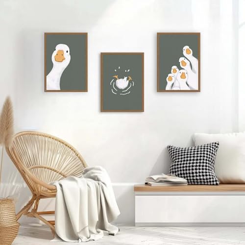3pcs Framed Funny Goose Wall Art, Dark Green Animal Poster Adorable Goose Family Canvas - Ready To Hang - Modern Minimalist Picture For Living Room, Nursery, Bedroom Decor 16x24in - color: Funny Silly Goose, size: 16x24in