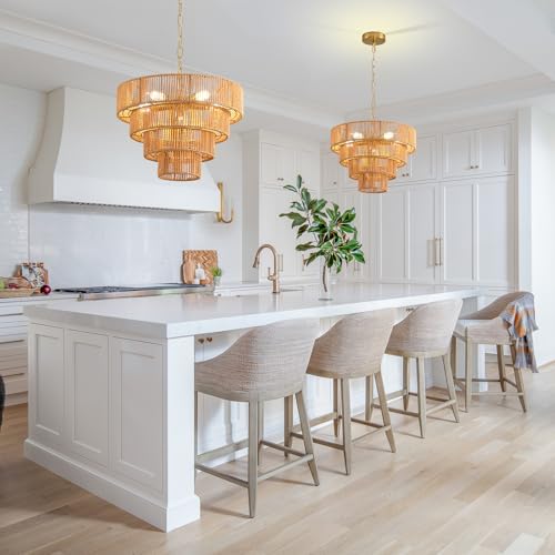 Boho Pendant Light Fixtures,15.7" Rattan Hanging Lamp for Kitchen Island,5-Light Hand-Woven Chandelier Height Adjustable,Natural Wicker Lamps for Dining Room Living Room Bedroom Hallway Entryway,Brown - color: 15.7" Brown
