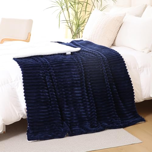 Navy Blue Sherpa Fleece Throw Blanket 50”×60” for Couch Sofa Bed,Double Side Soft Fuzzy Cozy Plush Thick Flannel Blanket with Striped Design Gift for Adults,Woman,Girls - color: Navy Blue, size: 50×60inch