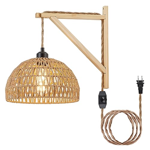 KAMTAT Boho Rattan Wall Sconce Plug in Hanging lamp Hand Woven Plug in Wall Sconces Rattan Rope Wall Light Farmhouse Wall Mounted Light Boho Wall Sconces Wall Lighting for Bedroom Living Room(1PK)