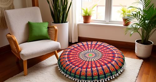 CRAFT KALA 32" in Round Mandala Floor Pillow Cushion Cover Seating Throw Cover Hippie Decorative Bohemian Ottoman Poufs Pillow Cover Cases Boho Cotton Living Yoga Home Décor Room (Multi Mirchi) - color: Multi Mirchi