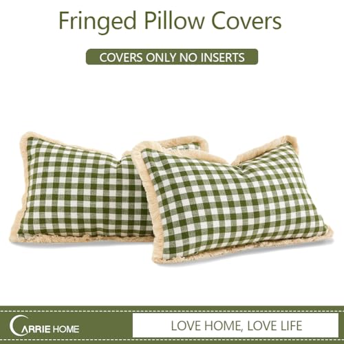 CARRIE HOME Spring Sage Green 12x20 Outdoor Gingham Lumbar Pillow Covers Set of 2 with Ruffle Fringe, 12 x 20 Green and White Checkered Plaid Pillow Covers, Spring Outdoor Green Lumbar Pillow Covers - color: Lumbar Sage Green & White (With Tassels), size:
