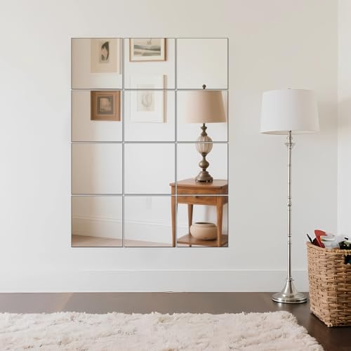 Ruomeng Home Gym Mirrors 12 Inch x 12Pcs Wall Mounted Mirror Glass Frameless Full Length Mirror Tiles for Home Gym, Bedroom, Door & Bathroom - size: 12"x12"-12pcs