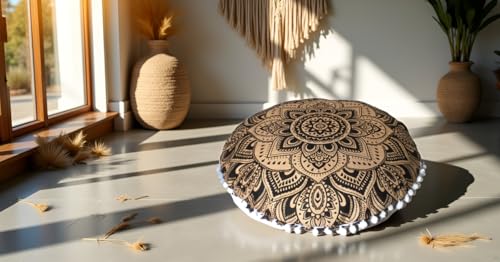 Round Mandala Floor Pillow Cover Seating Cushion Throw Cover Hippie Decorative Bohemian Ottoman Pouf Cover, Pom Pom Pillow Cases,Boho Indian 32 Inches Matellic Gold Flower - color: Metallic Gold, size: 32" Round