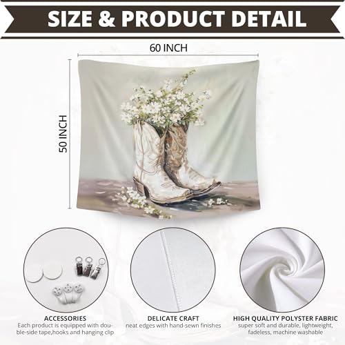 WAITPI Boho Western Cowgirl Hanging Wall Tapestry for Bedroom, Boho Western Floral Cowgirl Boots Girly Wall Hanging Decor Tapestry for Girls Room Dorm Apartment, 50x60in